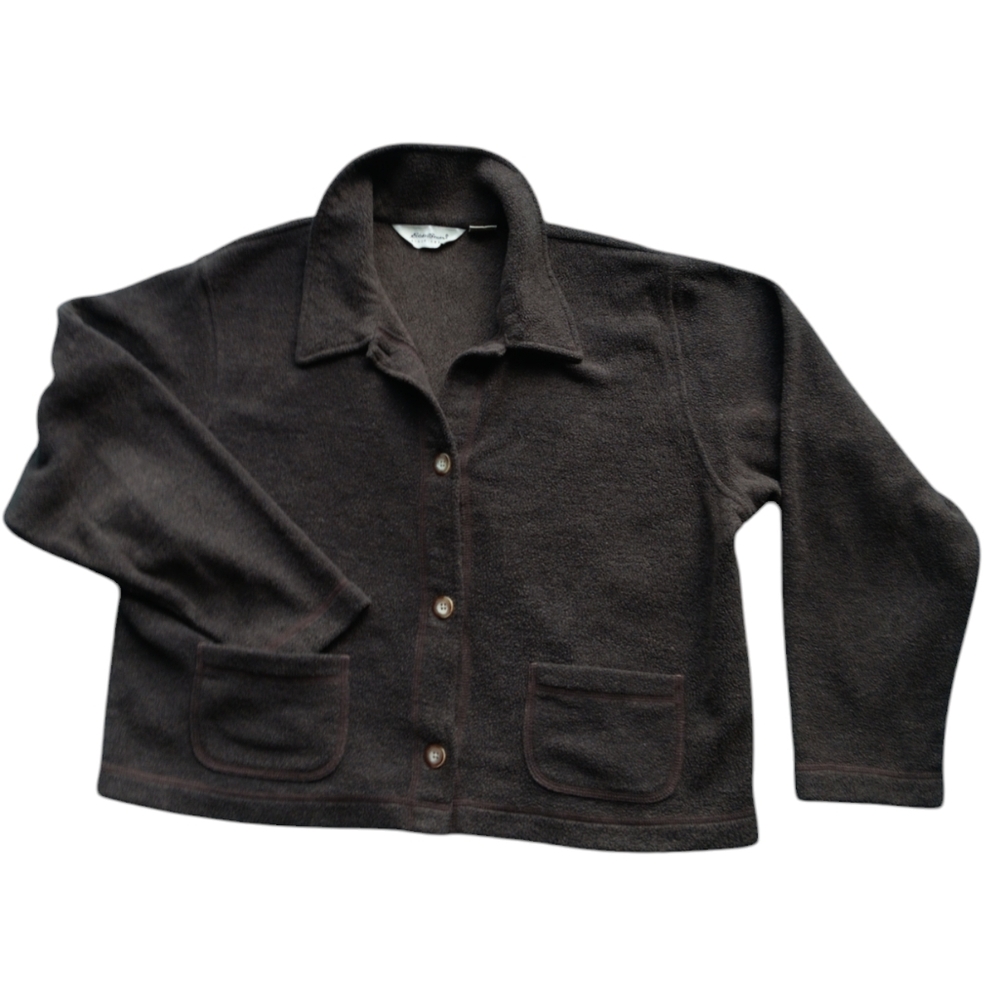 EDDIE BAUER WOMEN'S LARGE BROWN FLEECE FRONT BUTTON POCKET SHIRT JACKET